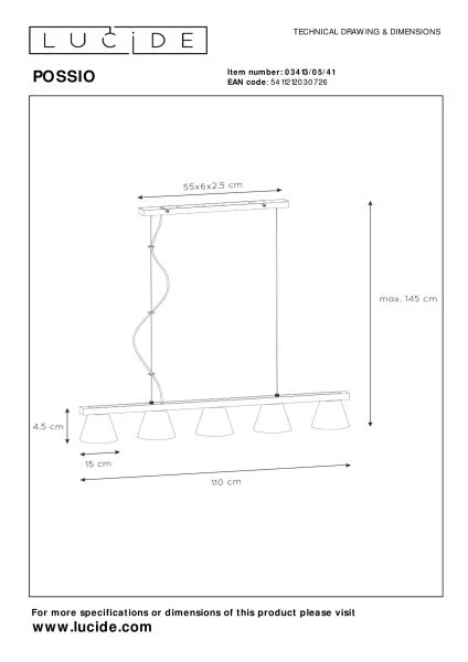 Lucide POSSIO - Suspension - 5xE14 - Taupe - TECHNISCH